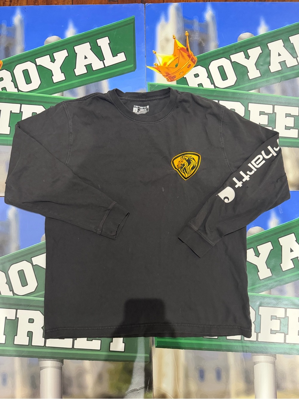Carhartt Black Long-Sleeve Tee with Yellow Crest and White Sleeve Logo